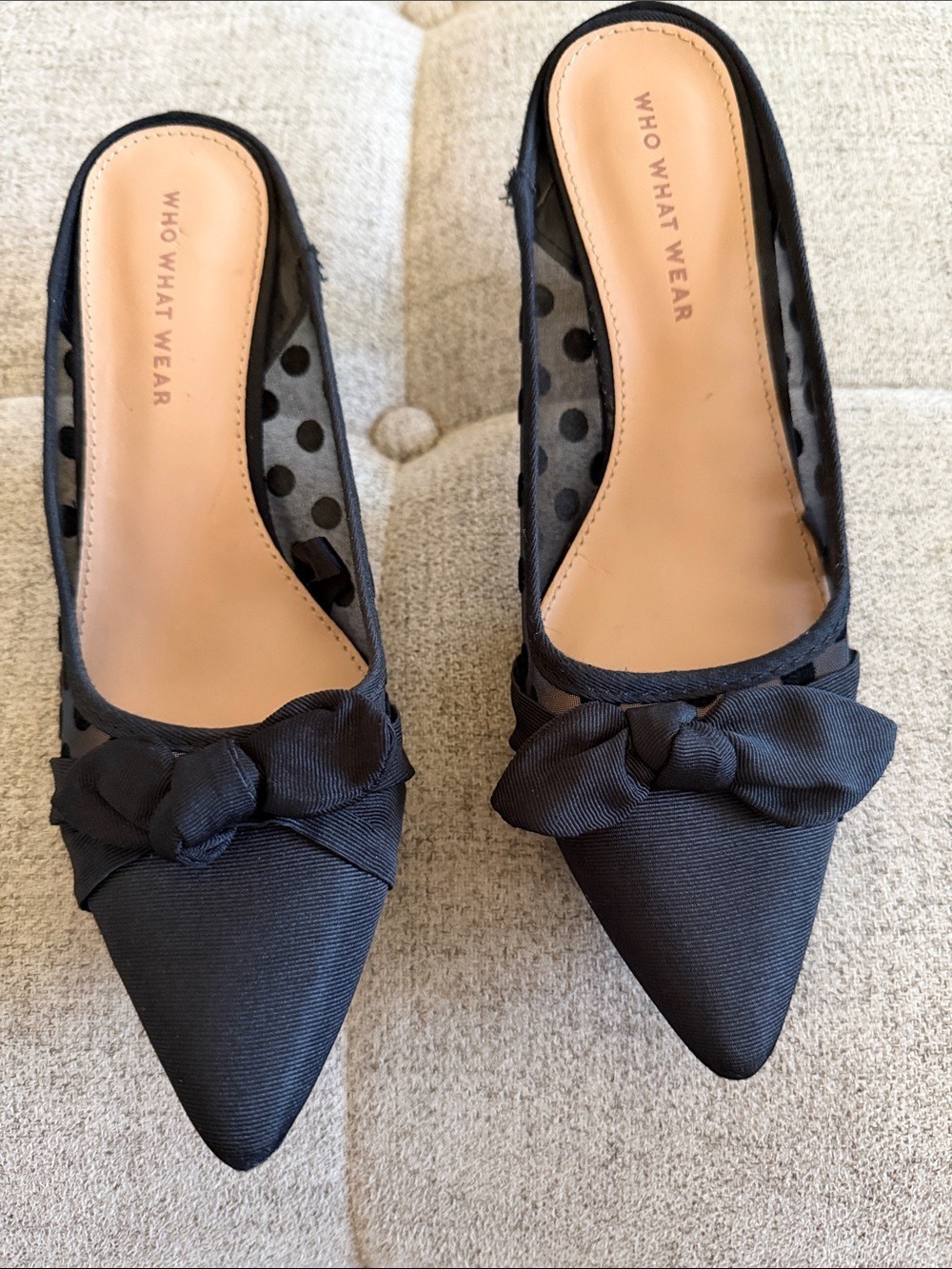Who What Wear Black Polka Dot Mesh Bow Kitten Heel Mules Size 6.5 Pointed Toe - Picture 4 of 10